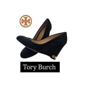 Tory Burch Black Suede Astoria Wedge Heels Size 7.5